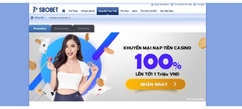 Sbobet tặng 100% giá trị cho người chơi nạp lần đầu